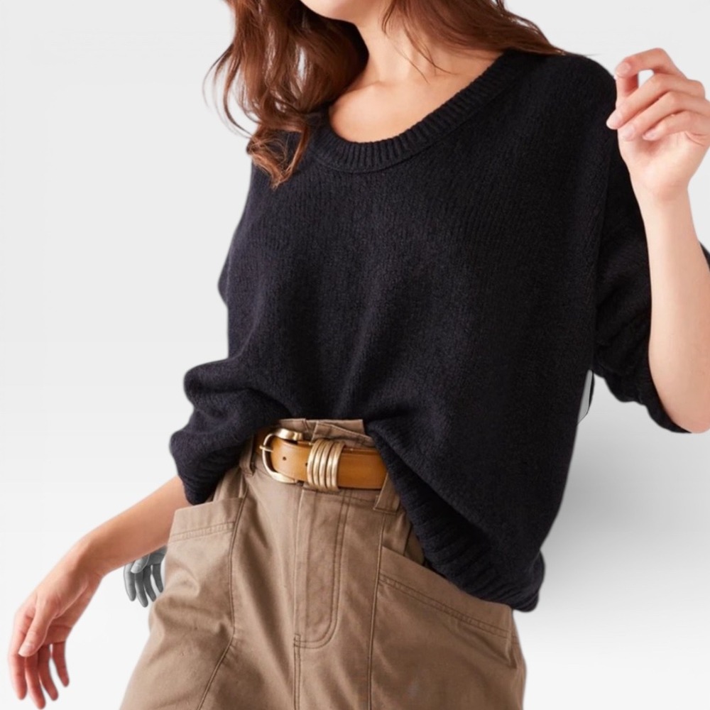 Free People Brookside Tunic Knit Black Oversized V Neck‎ Sweater Size L